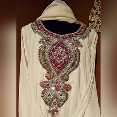 New White-Silver Anarkali W/ Chudidaar Pants And Chiffon Dupatta From Sahil's Exclusive. Shirt Dimensions: (See Picture For Reference On How The Shirt Was Measured) 1. Bust - 21in (42in Around) 2. Waist - 19.5in (39in Around) 3. Hips - 20in (40in Around) 4. Sleeve Length - 22.5in 5. Arm Hole - 8in (16in Around) 6. End Of Sleeve - 4.5in 7. Shoulders - 30in 8. Total Shirt Length - 48in Pant Dimensions: 1. Inner Length - 15in 2. End Of Pant Width - 5.5in 3. Total Pant Length - 49in Dupatta Has Silv Pakistani Anarkali Suits, Pakistani Anarkali, Indian Salwar Suit, Gown With Dupatta, Pakistani Salwar Kameez, Punjabi Salwar Suits, Silver Lace, Chiffon Dupatta, Sheer Shirt