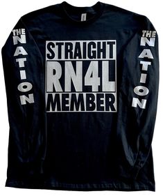 Straight RN4L Member Long Sleeve T-Shirt (New) Metallic Silver Print. Black Long Sleeve T-Shirt with Silver Print on chest & Sleeves (THE NATION).  6 oz/yd2 | 10 oz/ly | 203 g/m2 100% cotton  Set-in rib collar with shoulder-to-shoulder taping Double-needle sleeve and bottom hem Preshrunk to minimize shrinkage Fan Apparel Long Sleeve Relaxed Fit T-shirt, Fall Fan Apparel T-shirt With Logo Print, Relaxed Fit Long Sleeve Fan Apparel T-shirt, Band Merch Tops With Text Print For Fall, Band Merch Long Sleeve T-shirt With Logo, Long Sleeve Band Merch T-shirt With Logo, Fall Band Merch Tops With Letter Print, Stretch Long Sleeve T-shirt For Streetwear, Pre-shrunk Long Sleeve Band Merch Shirt