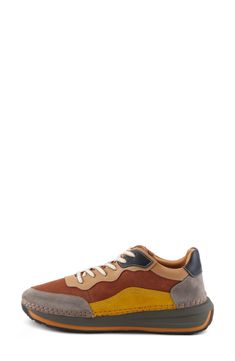 This sporty sneaker is topped with colorblocked leather and grounded on an exaggerated sole. 1 1/2" heel; 1" platform Lace-up style Removable, cushioned insole with arch support Leather upper and lining/synthetic sole Made in Turkey Brown Sporty Custom Sneakers With Contrast Sole, Sporty Brown Custom Sneakers With Contrast Sole, Brown Custom Sneakers With Contrast Sole, Casual Multicolor Sneakers With Contrast Sole, Brown Suede High-top Sneakers With Boost Midsole, Sporty Custom Brown Sneakers With Textured Sole, Multicolor Platform Sneakers With Contrast Sole For Streetwear, Brown Leather Sneakers With Boost Midsole, Sporty High-top Suede Chunky Sneakers