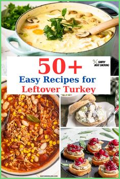 the cover of 50 easy recipes for leftover turkey, with pictures of different dishes