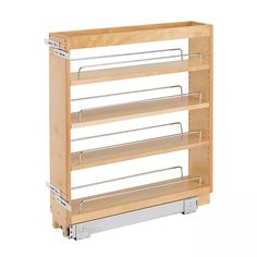 an empty wooden shelf with four shelves on each side and two metal rails at the bottom