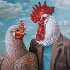 a painting of two roosters standing next to each other in front of a blue sky with clouds