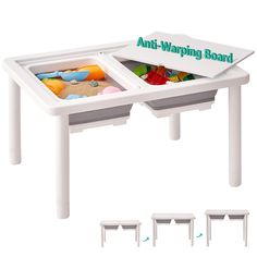 two white tables with different types of toys in them and the words anti - warpping board on top