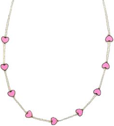 14k Gold Hot Pink Heart Station Necklace Valentine's Day Pink Adjustable Necklace, Pink Adjustable Heart-shaped Necklace, Adjustable Pink Heart Necklaces, Adjustable Pink Heart-shaped Necklaces, Valentine's Day Necklaces With Heart And Round Beads, Heart Beads Necklace For Valentine's Day, Valentine's Day Heart Charm Necklace With Round Beads, Valentine's Day Necklace With Heart Charm And Round Beads, Pink Beaded Heart Pendant Necklace