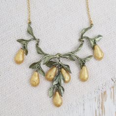 NKL Golden Pear Necklace Rose Branch, Michael Michaud, Cast Glass, Gold Powder, Rose Family, Patina Finish, Funky Jewelry, Popular Recipes, Chain Pendant