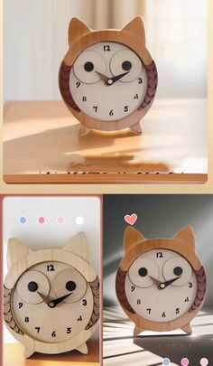 an owl clock is shown in three different pictures, with the same time on it's face