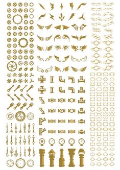 various golden and white designs on a white background