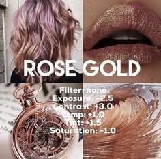 a collage of photos with lipstick, watch and text that says rose gold on it