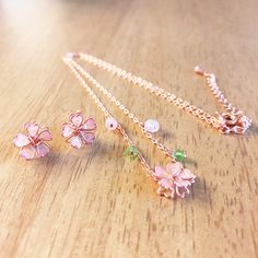 🌸 2 PACK | Hypoallergenic crystal floral stud earrings and necklace beads matching set. Beautiful romantic rose gold jewelry set for women, teens, and girls fashion.🌸 SAKURA | Dainty cute sakura cherry blossom designs are an iconic Japanese flower shown in this adorable, elegant beautiful design. Spring is here! Fantastic gift too for birthdays, weddings, and other special occasions.🌸 PINK | Pastel pink lacquer, green beads, and rose gold floral pendant, and sterling silver chain. High qualit Cute Pink Clavicle Chain Jewelry, Rose Gold Dainty Jewelry With Flower Charm, Rose Gold Jewelry Set For Valentine's Day Gift, Delicate Rose Gold Jewelry With Flower Charm, Dainty Rose Gold Jewelry With Flower Charm, Rose Gold Flower Shaped Clavicle Chain Jewelry, Rose Gold Flower-shaped Clavicle Chain Jewelry, Cute Pink Jewelry As A Gift For Her, Pink Jewelry Sets For Mother's Day