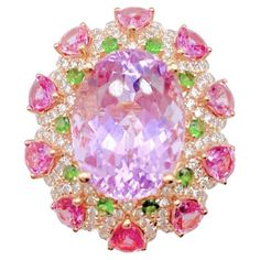 The Following Item we are offering is this Rare Important Radiant 18KT Gold Winston Style LARGE Glittering and Sparkling Magnificent Fancy Kunzite and Fancy Pink Sapphire and Green Sapphire White Diamond Ring. Ring Contains a Beautiful Fancy Shaped Oval Cut Pink Kunzite surrounded with a Halo of Rare Glittering Pink Sapphires and Green Sapphire with Diamonds!!! Stones are Very Clean and Extremely Fine! T.C.W. Approx 17CTS!!! This Magnificent Ring is from a Private Top Manufacturer that sold to I Pink Sapphire Diamond Ring, Elegant Dressing, Imvu Outfits Ideas Cute, Pink Kunzite, Vintage Cocktail Ring, White Diamond Ring, Sapphire Diamond Ring, Wedding Rings Unique, Green Sapphire