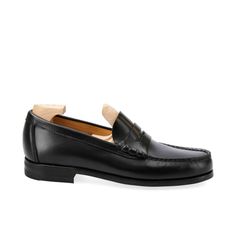 PENNY LOAFERS IN BLACK VARIK Timeless Black Slip-on Loafers, Black Loafers With Reinforced Heel For Business, Black Business Loafers With Reinforced Heel, Black Almond Toe Loafers With Reinforced Heel, Classic Black Dress Shoes With Flat Heel, Slip-on Black Loafers For Galas, Black Loafers With Leather Sole For Galas, Black Goodyear Welted Moccasins With Round Toe, Timeless Black Loafers With Round Toe