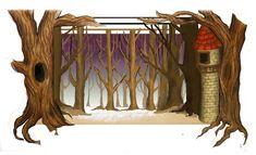 a drawing of a house in the woods with trees around it and snow on the ground