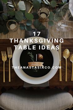 thanksgiving table setting with goldware and greenery