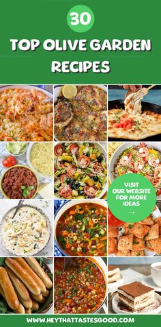 the top 50 olive garden recipes with pictures of different foods and sauces on them