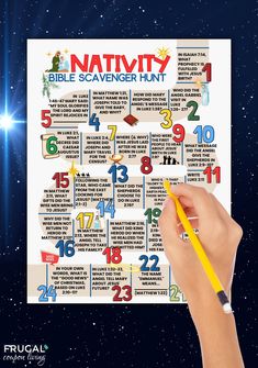 a hand holding a pencil over a calendar with numbers on it and the words nativity