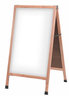 a wooden sign with a white board on it's legs and a black frame