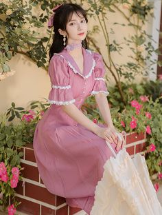 • Fashion doll V-neck, loose sleeves, fresh color;
• High waist show your slim figure;
• Pearl embellishment, full of women's charm;
• High quality fabric, lightweight and comfortable. Spring Vintage V-neck Dress For Garden Party, Pink Chiffon Midi Dress With Ruffles, Pink Midi Chiffon Dress For Summer, Elegant Vintage Chiffon Dress For Spring, Elegant Chiffon Vintage Dress For Spring, Spring V-neck Vintage Dress For Garden Party, Fitted Chiffon Vintage Dress For Spring, Pink Fitted Casual Vintage Dress, Pink Chiffon Dress For Spring