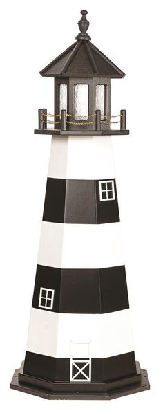 a black and white lighthouse is shown against a white background