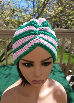 Colors - Pink and Green 💚 This exclusive custom Turban is a part of my Spring / Summer 2023 Collection. This piece is 100% Cotton. The yarn is breathable and absorbent. A definite statement piece for a day at the beach or a fashionable night out! Stunning and timeless design.  100% Cotton From a smoke-free business  💗 Thank you for supporting a Women Owned - Afro Latina small Business 💗 Pink Headwrap For Beach, One Size Fits Most, Pink Headwrap For The Beach, Pink One Size Fits Most Headwrap For Beach, Green Turban For Summer (one Size Fits Most), Green One Size Headwrap For The Beach, Green One-size Headwrap For The Beach, Green One Size Fits Most Headscarf For Beach, Green One-size-fits-most Headwrap For Beach, Green Beach Headwrap