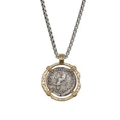 Item Description: Authentic Roman Coin encased in Pendant with Signature Rounded Box Chain. Pendant and chain available in solid 925 silver or solid 18K gold. Authentic Coin Details: Coin Type & Age: Silver Denarius, 161-180 ADEmperor: Marcus AureliusDiameter/Weight: 17.5 - 18.5 mm / 3 - 3.8 gFront/Back: Portrait of Emperor / Mythological & Military Themes The Stoic philosopher-king whose journal, Meditations, is regarded as a philosophical masterpiece. Meditations is a window into a man's menta Luxury Tarnish Resistant Coin Jewelry, Elegant Silver Mixed Metal Jewelry, White Gold Hammered Necklace For Anniversary, Hammered White Gold Necklaces For Anniversary, Antique Yellow Gold Jewelry With Hammered Details, Tarnish Resistant Sterling Silver Coin Necklace In Yellow Gold, Antique Hammered Yellow Gold Jewelry, Heirloom Silver Tarnish-resistant Jewelry, Formal Silver Brass Chain Necklace