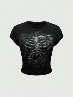 Dark Punk Wasteland Style Skull Skeleton Distressed Slim-Fit Basic Women T-Shirt With Simple And Versatile Design, School Black Casual  Short Sleeve Cotton Halloween,Plain  Medium Stretch  Women Clothing, size features are:Bust: ,Length: ,Sleeve Length: Cute Black Shirts For Women, Goth Attire Women, Y2k Emo Tops, Goth Shirts & Tops, Emo Tops, Emo Tshirt, Shirts Grunge, Ropa Dark, Grunge Shirts