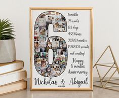 a 50th birthday poster with the number five surrounded by photos and words, on a table next to some books