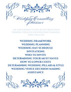 a blue and white wedding program with the wording on it's back side