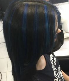 Fantasy Hair Color Highlights, Blue Stripes In Hair, Chuck Highlights Hair, Blue And Black Hair Highlights, Black Hair Blue Stripes, Blue Chunks In Hair, Black Hair And Blue Highlights, Black Hair Blue Highlights Short, Royal Blue Skunk Stripe Hair