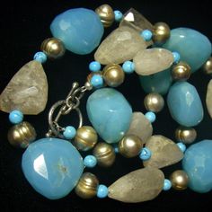 Blue Chalcedony, Rutilated Quartz, Pearl, Turquoise, Silver Necklace Luxury Turquoise Chalcedony Jewelry, Elegant Amazonite Jewelry With Faceted Beads, Turquoise Faceted Bohemian Jewelry, Elegant Turquoise Necklace With Faceted Beads As Gift, Turquoise Faceted Amazonite Jewelry, Faceted Turquoise Amazonite Jewelry, Elegant Turquoise Necklace With Natural Stones, Blue Faceted Amazonite Jewelry, Faceted Blue Amazonite Jewelry