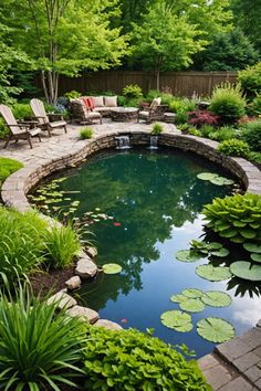 an outdoor pond surrounded by lawn furniture and water lilies