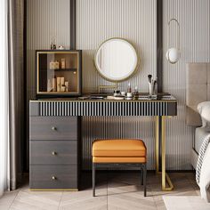 a bedroom with a vanity, stool and mirror