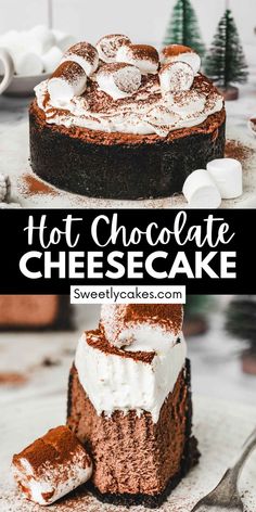 chocolate cheesecake with marshmallows and powdered sugar on top is shown