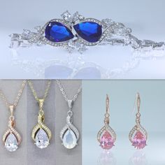 "Create one-of-a-kind wedding jewelry for your big day with the 'Ribbon' crystal earrings and necklace jewelry set. Our base design incorporates a stunning teardrop shaped zircon crystal in a ribbon like halo of small brilliant cut crystals. The beautiful simplicity of them is sure to make an impact! Customize the pear crystals from the colours in our extensive collection for an heirloom-quality bridal accessory or gift for your girls that you'll all wear over and over. Perfect for an anniversar Wedding Jewelry Sets With Cubic Zirconia In Drop Shape, Wedding Crystal Jewelry Sets With Teardrop Shape, Silver Pear-shaped Jewelry Sets For Wedding, Wedding Jewelry Set With Drop Earrings, Wedding Jewelry Sets With Drop Matching Earrings, Teardrop Hand Set Jewelry For Wedding, Wedding Jewelry Sets With Dangle Matching Earrings, Hand-set Dangle Jewelry Sets For Wedding, Hand Set Dangle Jewelry Sets For Wedding