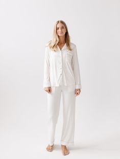 Bedtime can’t come soon enough when you’re waiting to slip into our Long Sleeve Pajama Set. Crafted with a soft stretch-knit that features enhanced breathability and luxurious drape– this lightweight set sleeps degrees cooler than cotton to keep your temperature just right through the night. With elegant contrast piping throughout, the set includes a pocketed button-up and pants with an elastic waistband. DETAILS: Flattering stretch-knit from bamboo-based viscose Generously sized for relaxed lux Pajamas Cozy, Silk Comforter, Classic Pajamas, Come Soon, Bamboo Pajamas, Best Pajamas, Soft Clothes, Fabric Accessories, Womens Pyjama Sets