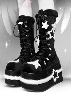 Fleece Star Patches Winter Black Platform Boots Harajuku Style Black Platform Boots For Winter, Black Harajuku Style Platform Boots For Winter, Black Harajuku Platform Boots For Winter, Black Harajuku Style Winter Boots, Black Harajuku Platform Boots For Streetwear, Round Toe Platform Boots For Winter Concerts, Harajuku Style Black Platform Boots, Harajuku Black Platform Boots, Harajuku Style Winter Streetwear Boots