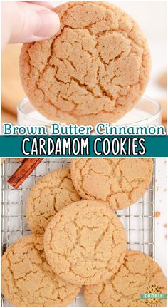 three different views of cookies on a cooling rack with cinnamon in the middle and bottom