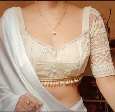 Elegant Blouse Designs Classy, Modest Blouse Designs, White Saree Aesthetic, Saree Pose, Netted Blouse Designs, Greece Art