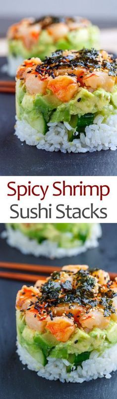 sushi stacks with shrimp, avocado and sesame seeds on top are ready to be eaten