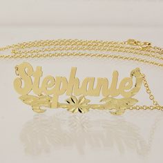 "*Average Name Pendant Width : 1 7/8 Inch (4.8 cm) Approx. *Up to 9 Letters. *Pendant Thickness : 0.5 mm / 25 Gauge / 0.020\" *Premium high end quality personalized laser cut out any letters/numbers in 10kt or 14kt solid yellow or white gold personalized name necklace, this item comes with split sturdy 1.0 mm Rollo chain from 15~20 inches, name pendant length not included on length option. *This pendant cut out by latest technology laser machine, top quality guaranteed." Gold Name Necklace With Round Pendant For Anniversary, Silver Nameplate Necklace Stamped 14k, Elegant Name Necklace With Flower Pendant, Gold Polished Nameplate Jewelry, Personalized Nameplate Jewelry With Polished Finish, Custom Gold Sterling Silver Necklace With Polished Finish, Personalized Gold Jewelry With Polished Finish, Luxury Gold Nameplate Necklace, Custom Engraved Gold Plated Nameplate Necklace