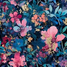 an abstract floral painting with blue, pink and yellow flowers on a black background that is slightly overexposed