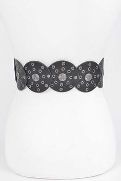 elevate your style with the faux leather rivet studded belt. this stunning belt features an engraved buckle and faux leather material, accented with rivet studs for an edgy touch! with a width of 3" and a length of 40.5", it's perfect for adding a bold statement to any outfit! available in black, caramel, and silver. browse more accessories! details & measurements width 3" length 40.5" polyurethane, iron, lead & nickel compliant Adjustable Black Belt With Studs, Adjustable Black Belts With Studs, Adjustable Black Belt Buckles With Rivets, Edgy Black Belt Buckles, Adjustable Black Belts With Rivets, Edgy Adjustable Belt With Rivets, Edgy Adjustable Belts With Rivets, Black Adjustable Gothic Belt, Trendy Black Belts With Rivets