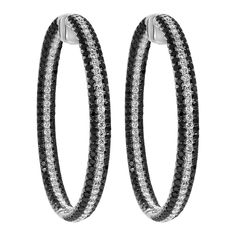 A unique and well crafted pair of hoop earrings showcasing alternating pave set black and white round diamonds set in the inside and outside. Black round diamonds weighs 6.30 carat total, White round diamonds weighs 3.30 carat total. Approximately 2 inches in diameter, Made in 18K White Gold. Roman Malakov is a custom house, specializing in creating anything you can imagine. If you would like to receive a special quote on a custom piece please message or call us. Pave Hoop Earrings, Pave Jewelry, Round Diamond Setting, Total Black, Pearl Hoop Earrings, Diamond Hoop Earrings, Antique Earrings, Snl, Jewelry Earrings Hoops