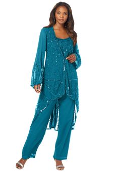 Made of lightweight georgette, this three-piece ensemble is embellished with beading on the top, jacket and pant. Scoop neck. Wide-leg pants with an elastic waist. Open-front jacket. Jacket: 40" length; Top: 28" length; Pants: 30" inseamPetite Jacket: 40" length; Top: 27" length; Pants: 29" inseamPoly georgetteDry cleanImported Customers also love our Three-Piece Lace Duster & Pant Suit. Click here to shop! Customers also love our Lace Popover Dress. Click here to shop!Customers also love our Vi Mother Of The Bride Trouser Suits Nordstrom, 2 Piece Mother Of The Groom Dresses, Elegant Pant Suits For Women, Mother Of The Bride Plus Size Pant Suits, Grandmother Of The Bride Pant Suits, Dressy Pants Outfits For Wedding, Mother Of The Bride Pants Outfit, Wedding Trouser Suits, Formal Pant Suit