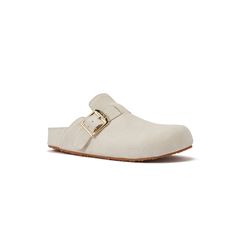 Clog style slip on sandal in soft suede with side buckle. Suede footbed and moulded sole for comfort. Spring Cream Slip-on Clogs, Beige Comfortable Slip-on Clogs, Beige Leather Slip-on Clogs, Cream Cushioned Slip-on Sandals, Cream Leather Slip-on Slides, Suede Slip-on Mules With Buckle Closure, Suede Slip-on Clogs With Buckle Closure, Clogs Style, Womens Slides