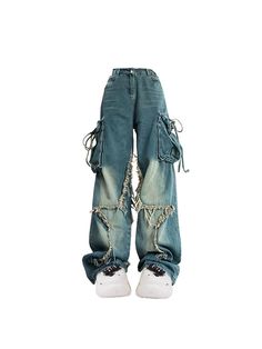 These Pants feature a large raw edge design that connects both legs to form a full star. The faded color and large cargo pockets add a bold and edgy look. Loose fit Elastic waist with belt hoops Fits true to size (U.S. women's size) Punk Style Distressed Wide Leg Bottoms, Distressed Wide Leg Punk Bottoms, Punk Wide-leg Distressed Bottoms, High Waist Grunge Cargo Jeans For Streetwear, Punk Wide Leg Distressed Pants, High Waist Cargo Jeans In Grunge Style, Baggy High-waist Distressed Cargo Jeans, Distressed High Waist Grunge Pants, Edgy Wide Leg Distressed Bottoms