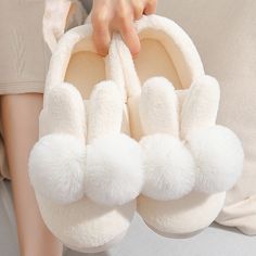 Bunny Rabbit Ears Warm Slippers LIN79 - mkkawaiishop Pom Pom Slippers, Dr Shoes, Cute Slippers, Warm Slippers, Girly Shoes, Rabbit Ears, Bunny Plush, Purple Gray, Cute Plush