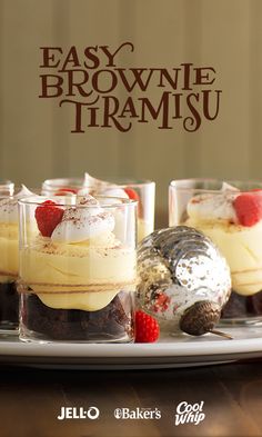 three desserts on a plate with the words easy brownie triramu above them