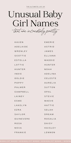 an unusual baby girl names list with the names in black and white, on a pink background