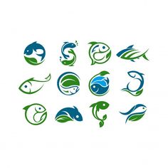 nine fish logos with different shapes and colors on white background stock photo - image 3497