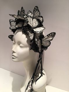 "Kentucky Derby -White & Black Fascinator- Butterfly Headpiece- Fashion shoot- Mad Hatter- Garden Party- Black & White Hi, This butterly and rhinestone headband/ fascinator is made with white and black feather butterflies that have rhinestones down its back...they are perched on black or white flowers. The flower is about 5\". The fascinator is on a matching ribbon covered headband that is adjustable to fit any head size and very comfortable. Will fit an 10 to 80 year old! Flower Colors: Bohemian Headpieces With Matching Headband For Party, Bohemian Party Headpieces With Matching Headband, Bohemian Summer Party Hair Accessories, Summer Festival Costume Headband, Bohemian Costume Hats And Headpieces For Spring Party, Bohemian Spring Party Costume Hats And Headpieces, Summer Festival Headband Costume Hats And Headpieces, Bohemian Headband For Spring, White Bohemian Headband